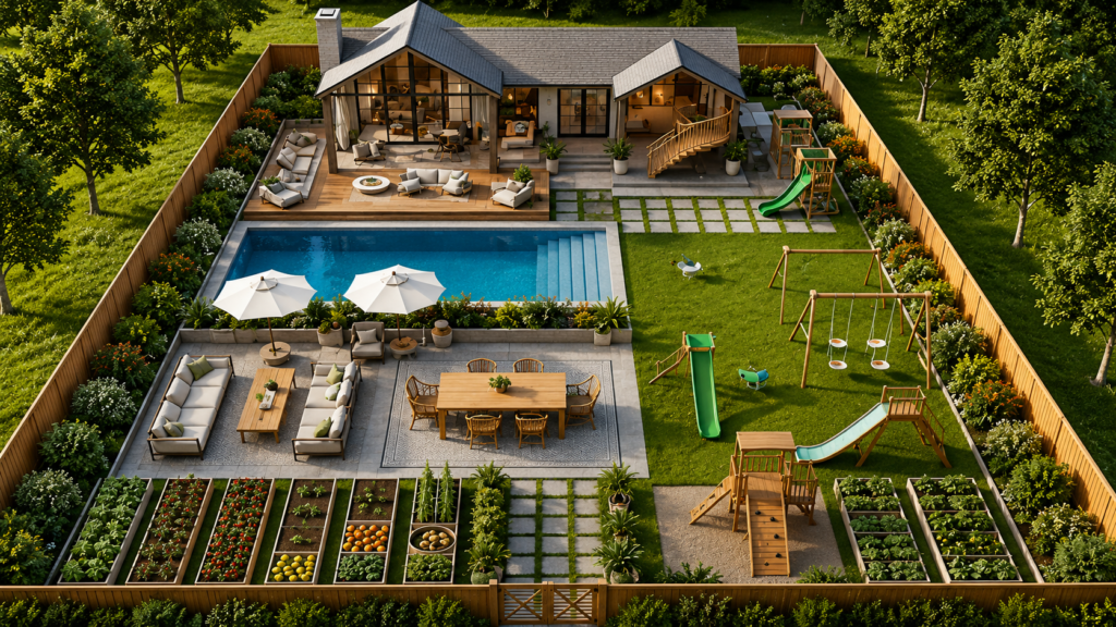 Modern House Design with a Private Pool, Outdoor Living Area, and Beautiful Garden